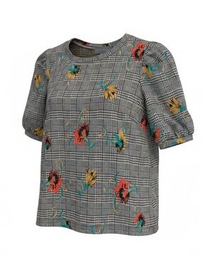 Sunday in Brooklyn Anthropologie Floral Plaid Puff-Sleeve Blouse XL